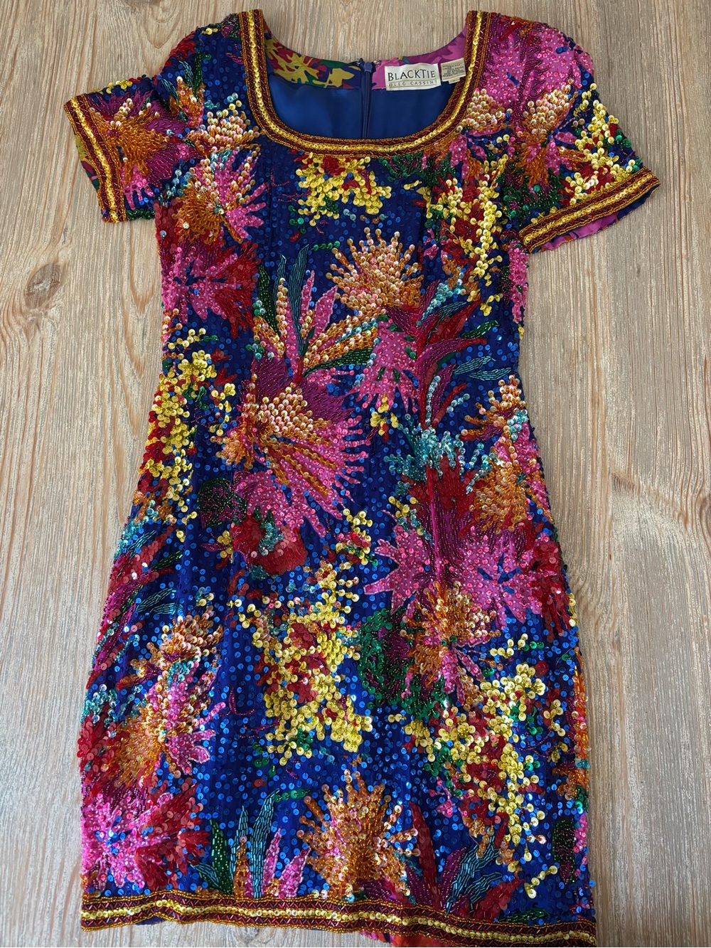Oleg Cassini Blue Multicolor Floral Sequin Mini Dress